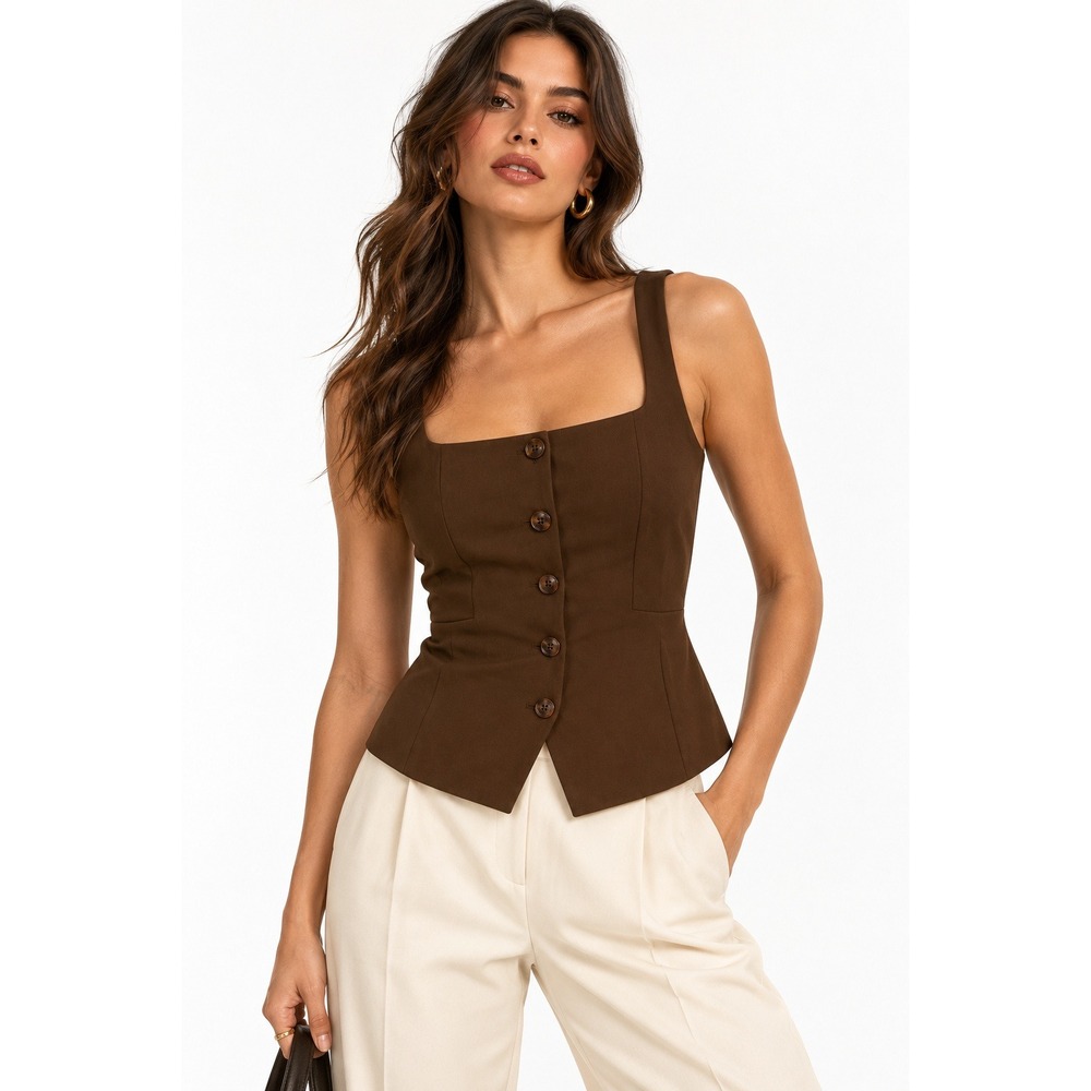 Montgomery Post Sage Vest Brown Button Front Cinch Back Womens S NWT